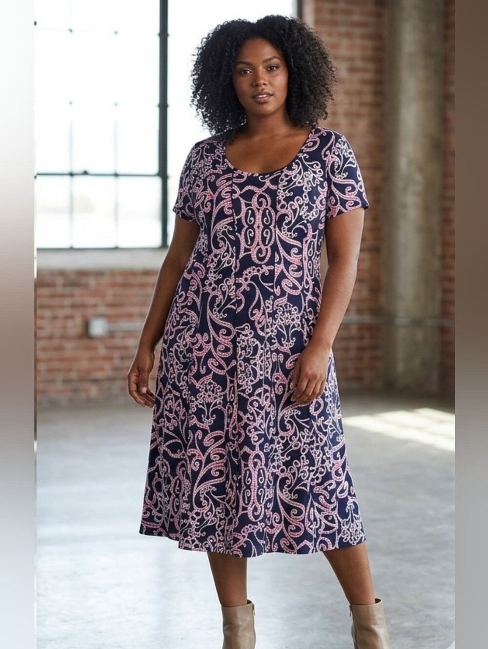 C Est. 1846 Chic Pink & Black Scroll Patterned Knit Midi Dress Short Sleeve XXL